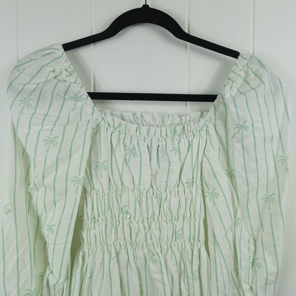 Charlie Holiday Linen Cotton Smocked Mini Dress Stripes Palm Trees Size 2 - Picture 8 of 11